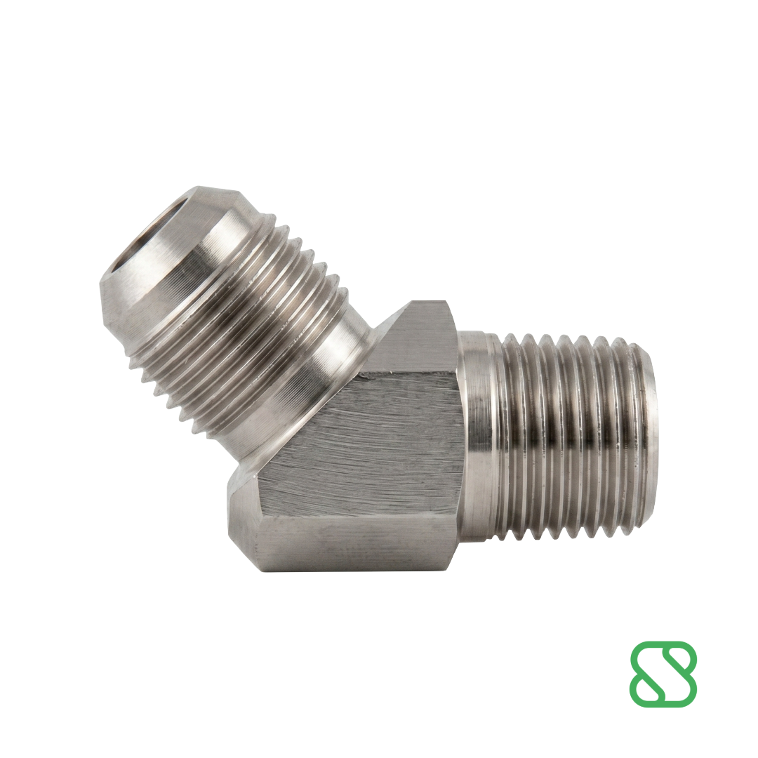 Adaptador Codo 45° Macho NPTF a Macho JIC de Acero
